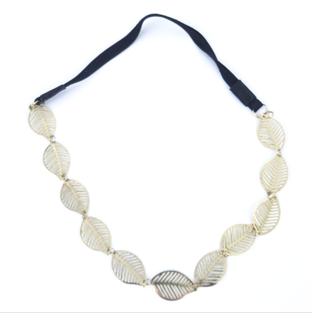 Gold Leaf Designed Necklace on Fabric Chain, Metallic, Nature, Natural Style
